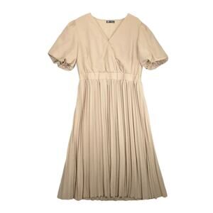 Pretty Garden Women's XL Beige Pleated Wrap Maxi Dress Short Puff Sleeves V-Neck
